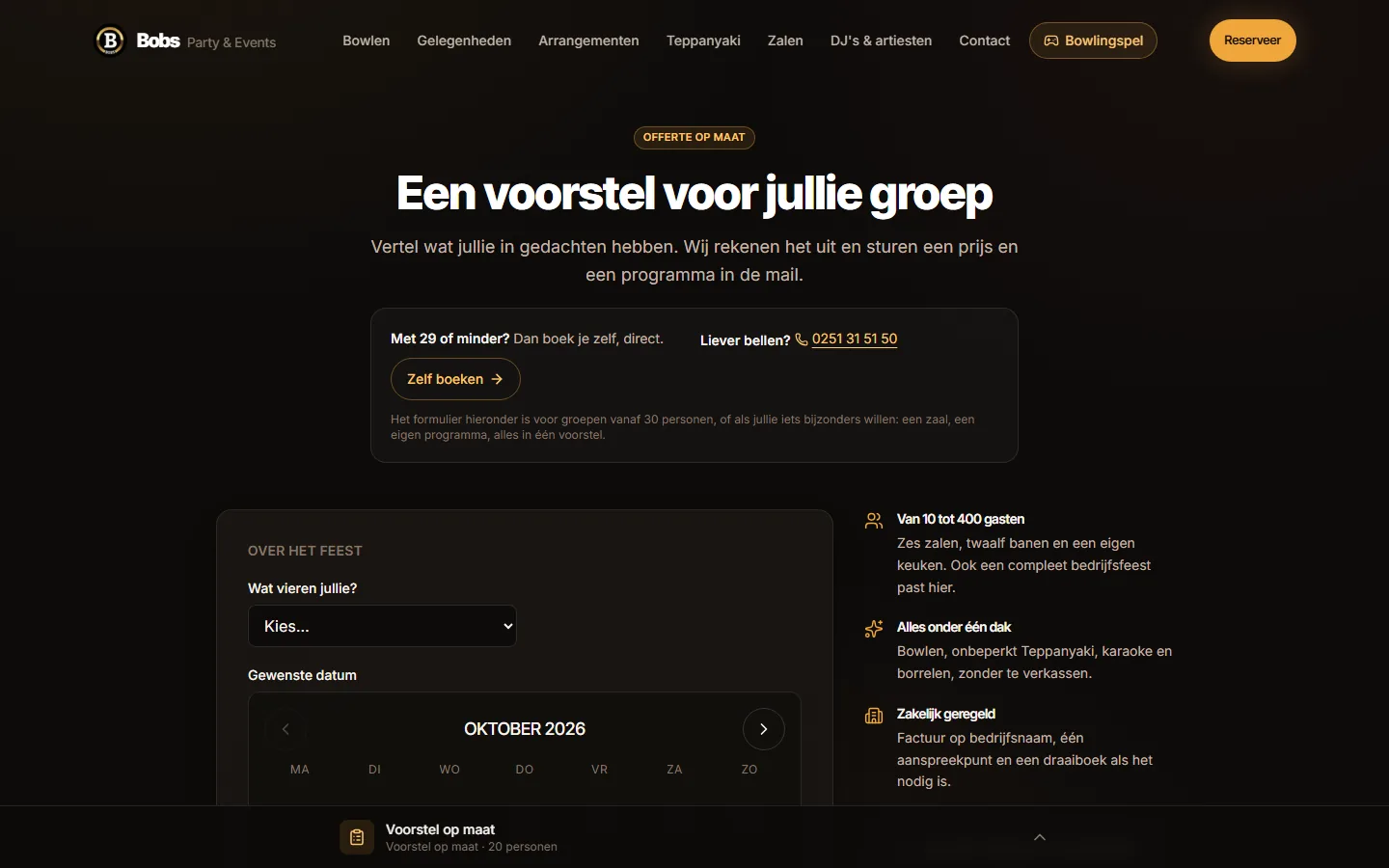 Aanvraagscherm op bobs.nl met de kop Een voorstel voor jullie groep, een keuzelijst voor wat er gevierd wordt en een kalender voor de gewenste datum.