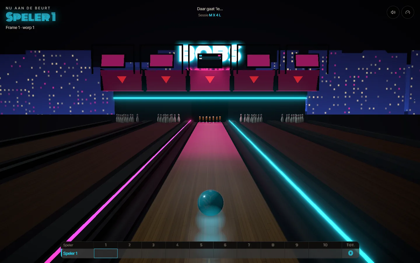 Het bowlingspel op bobs.nl: een bal rolt over een verlichte baan naar wijnglazen die als kegels klaarstaan