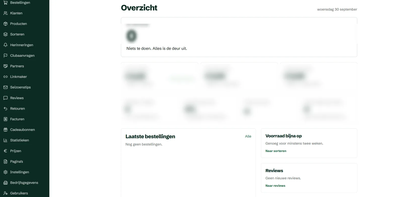 Overzichtsscherm van de beheeromgeving met een menu voor inpakken, bestellingen, retouren, facturen en cadeaubonnen. De getallen zijn vervaagd.