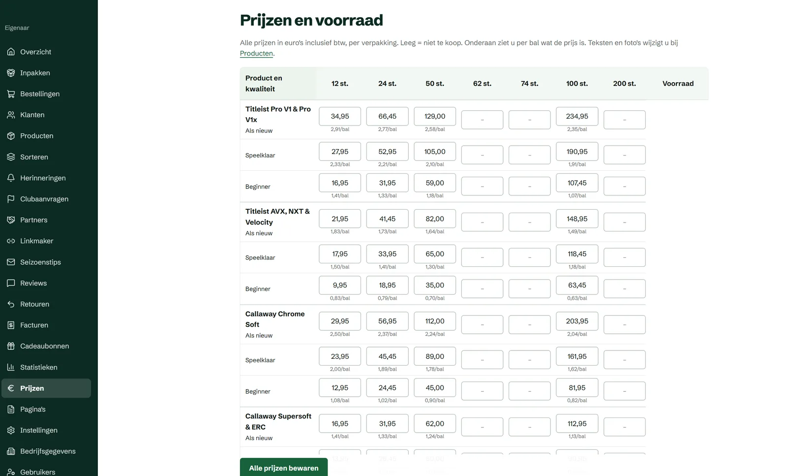 Scherm Prijzen en voorraad in de beheeromgeving: een tabel met per golfbal en per kwaliteit de prijs voor een doos van 12, 24, 50 of 100 stuks, met de prijs per bal eronder.