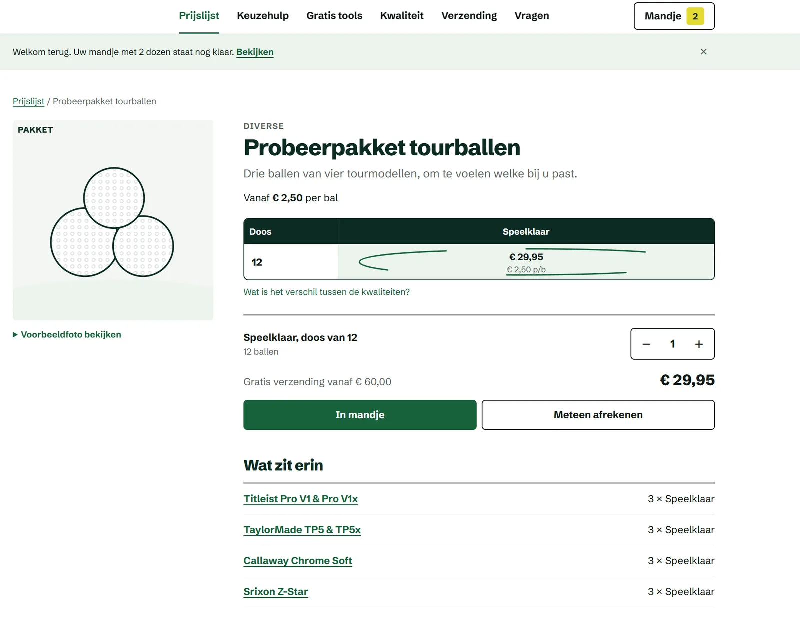 Productpagina van een golfbalwebshop met de prijs per doos en per bal